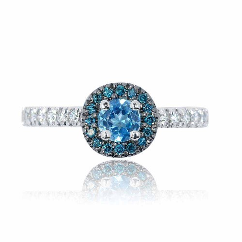Kék topáz és gyémánt gyűrű, fehérarany