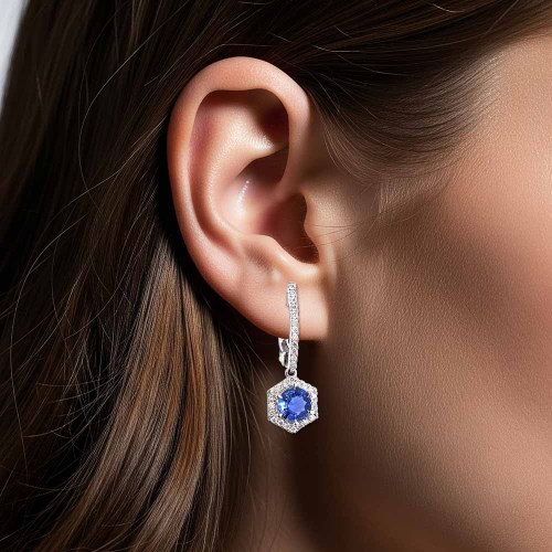 Zafír és gyémánt fülbevaló - Hexagon