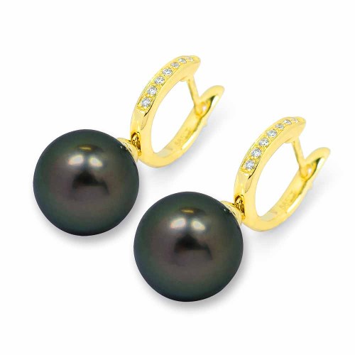 Tahiti gyöngyös gyémánt fülbevaló, 10mm - arany