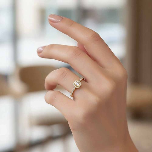 Emerald gyémánt eljegyzési gyűrű - 0,21ct - arany