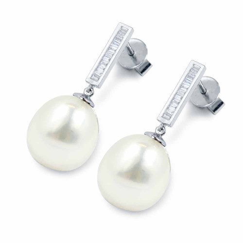 Déltengeri gyöngy fülbevaló, csepp - baguette gyémántokkal