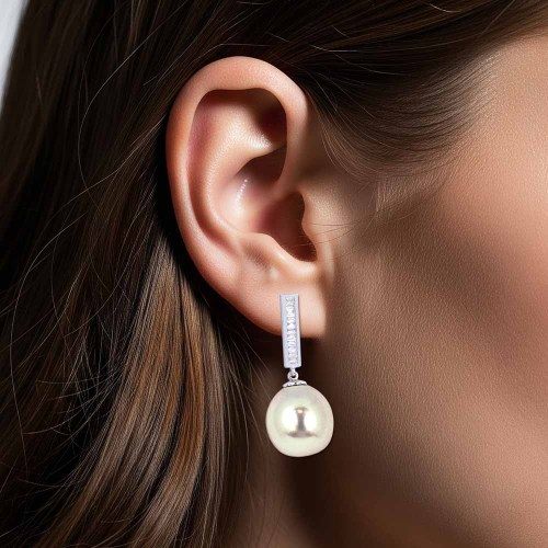 Déltengeri gyöngy fülbevaló, csepp - baguette gyémántokkal