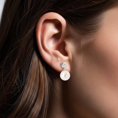 Igazgyöngy fülbevaló bouton gyémánttal - fehérarany