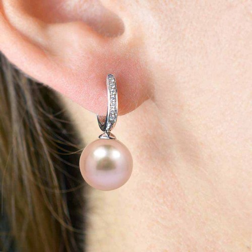 Igazgyöngyös gyémánt fülbevaló - 10mm rózsaszín