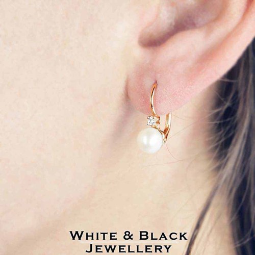 Gyöngy fülbevaló gyémántokkal - 6mm - kapcsos, rosegold