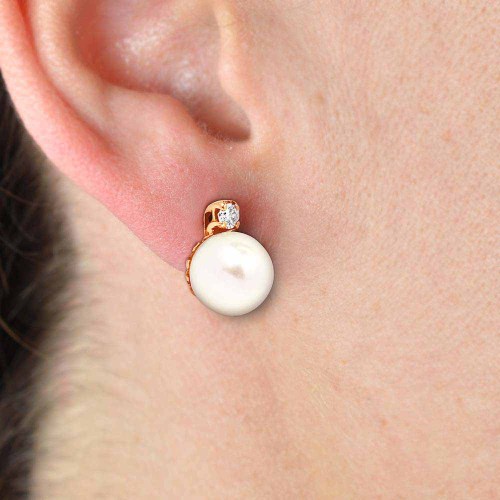 Igazgyöngy fülbevaló gyémántokkal, rosegold-ból - 8,5mm