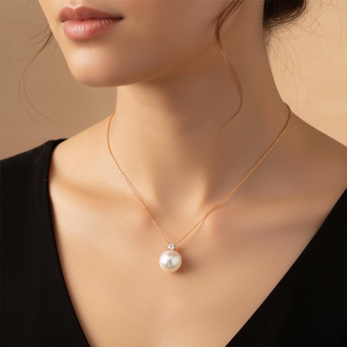 Igazgyöngy medál gyémánttal - 8-8,5mm - rosegold